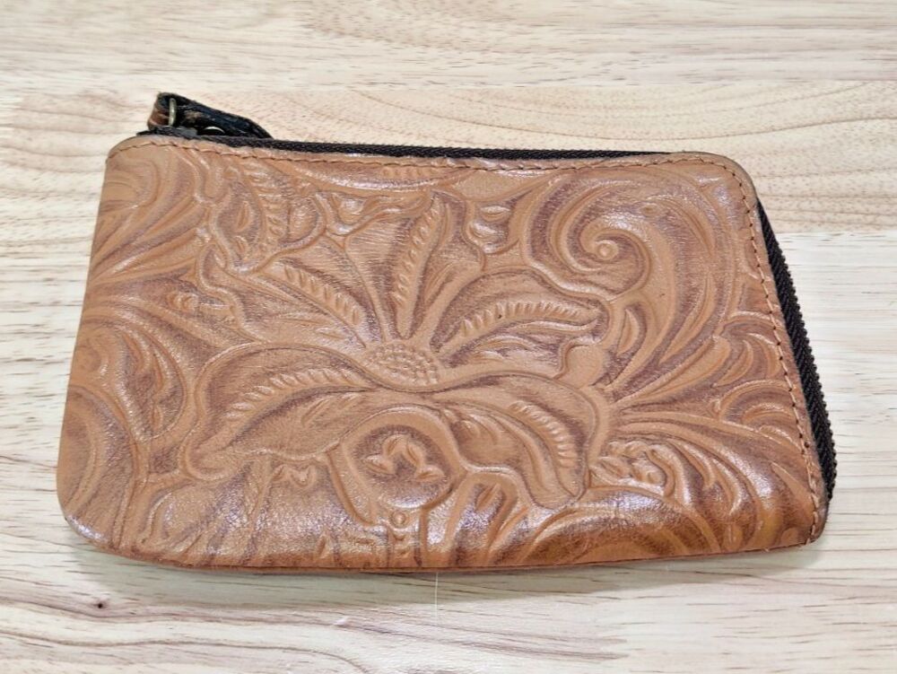 Patricia Nash St. Croce Zip Pouch Wallet Wristlet Tooled Leather Florence Brown - Picture 2 of 11